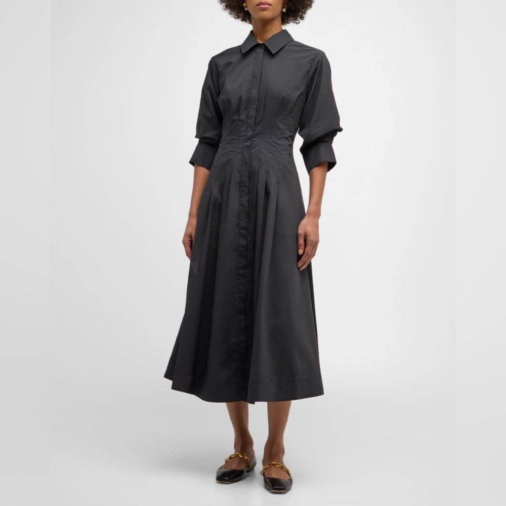 Simkhai Jazz Poplin Pintuck Midi Shirtdress Collared Shirt Dress Black Size XS